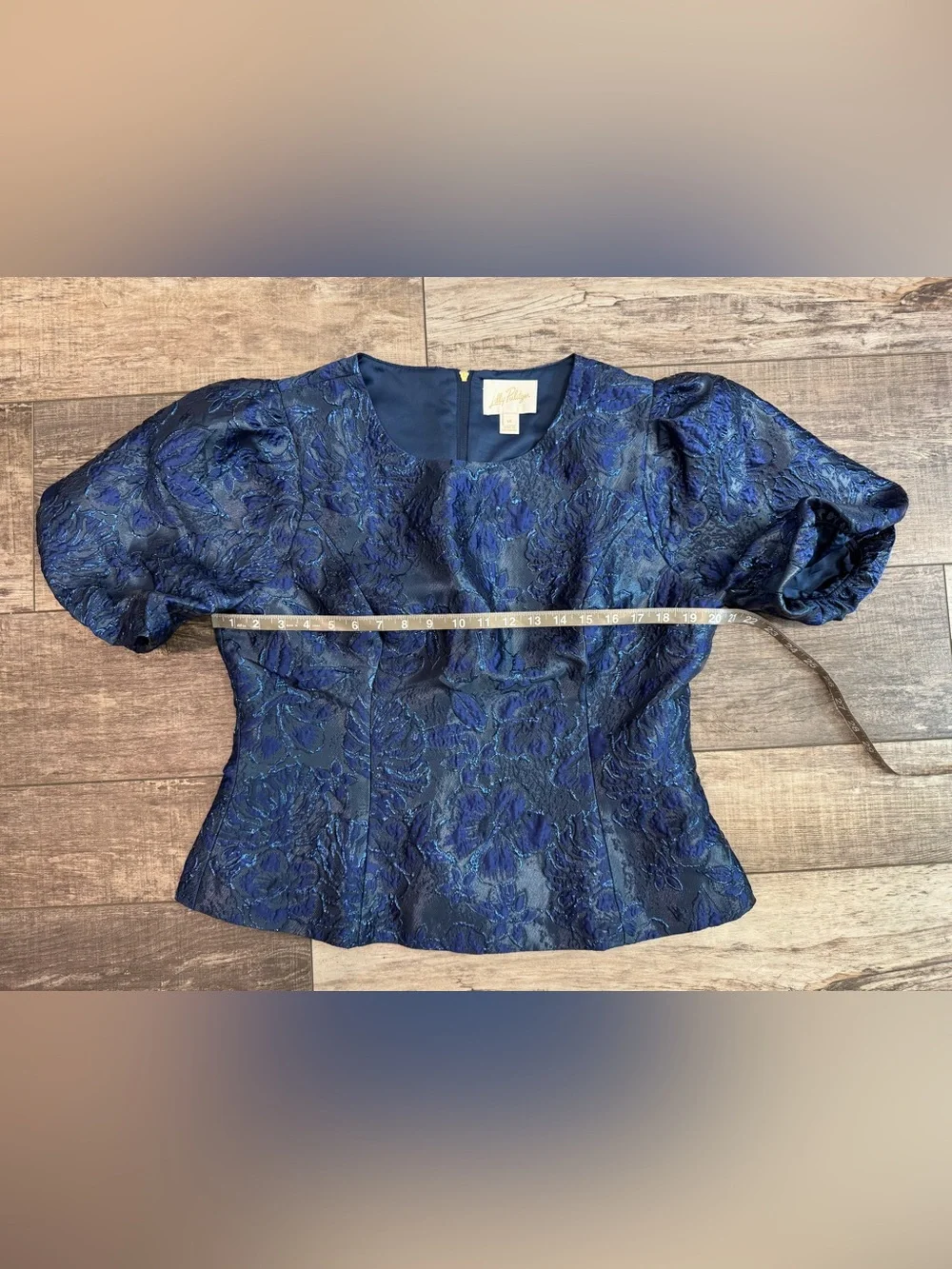 Lilly Pulitzer Royal Blue Brocade Puff-Sleeve Top Sz 14
